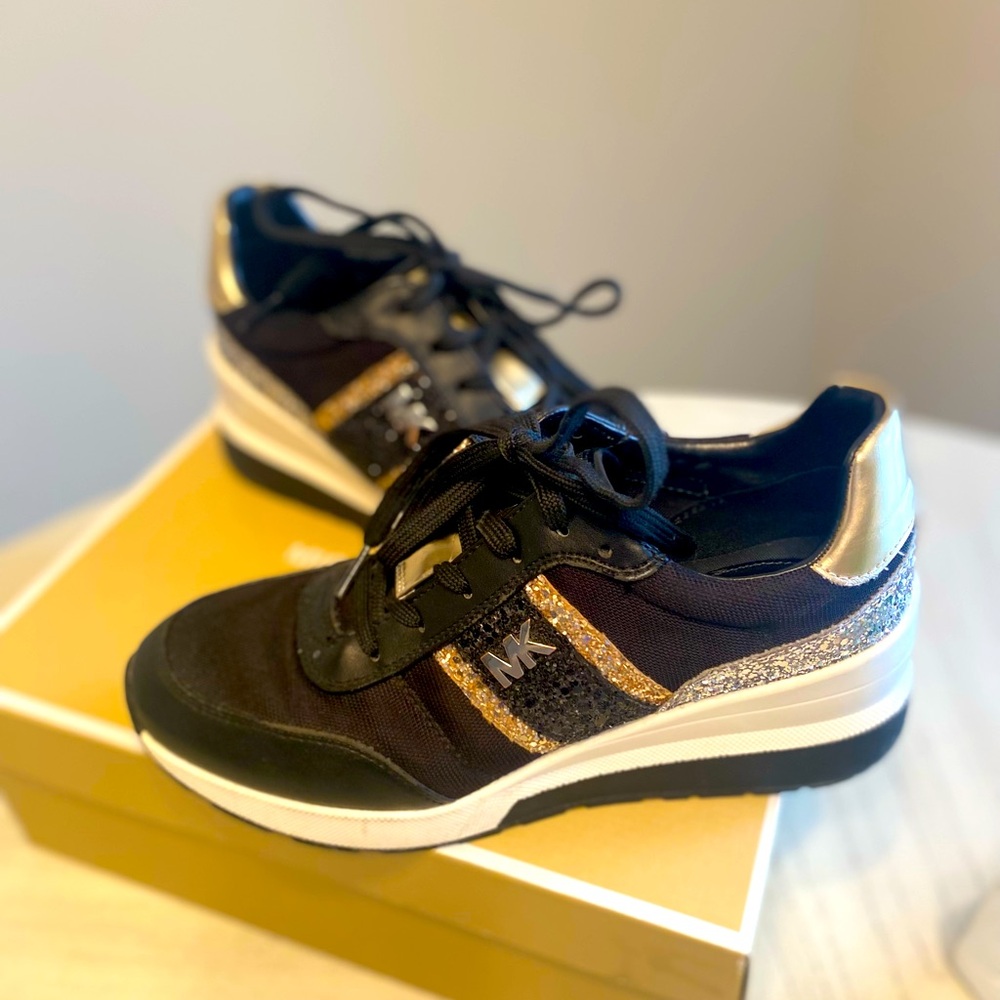 Michael KORS Sneakers with heel.Black, gold & silver glitter. Size 8.